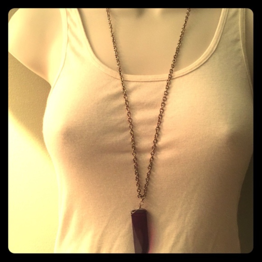 Purple stone necklace on long gold chain